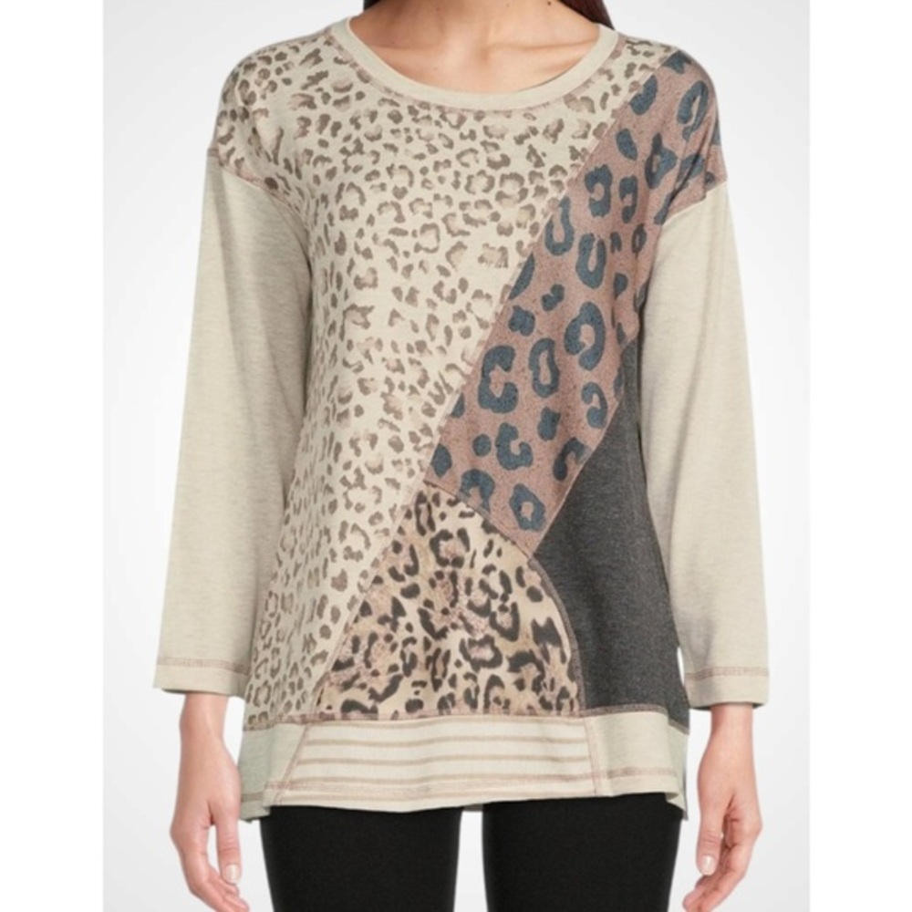 Ali Miles Cream & Brown Animal Print Round Neck Stretch Knit Pullover Top PM